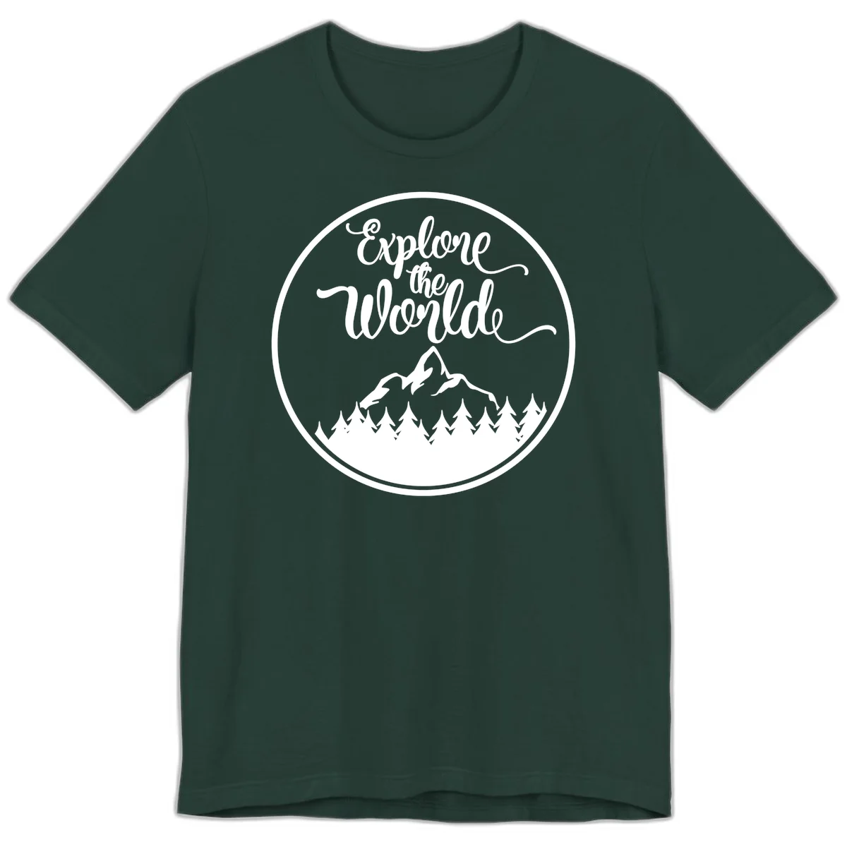 White circular badge with 'Explore the World' cursive text above mountain peak and evergreen forest silhouette on gray background in Forest
