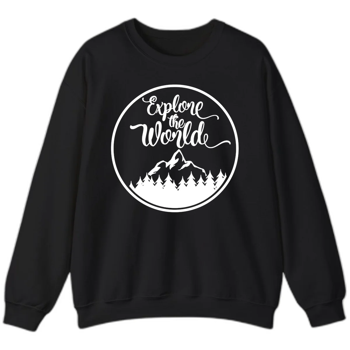 White circular badge with 'Explore the World' cursive text above mountain peak and evergreen forest silhouette on gray background in Black