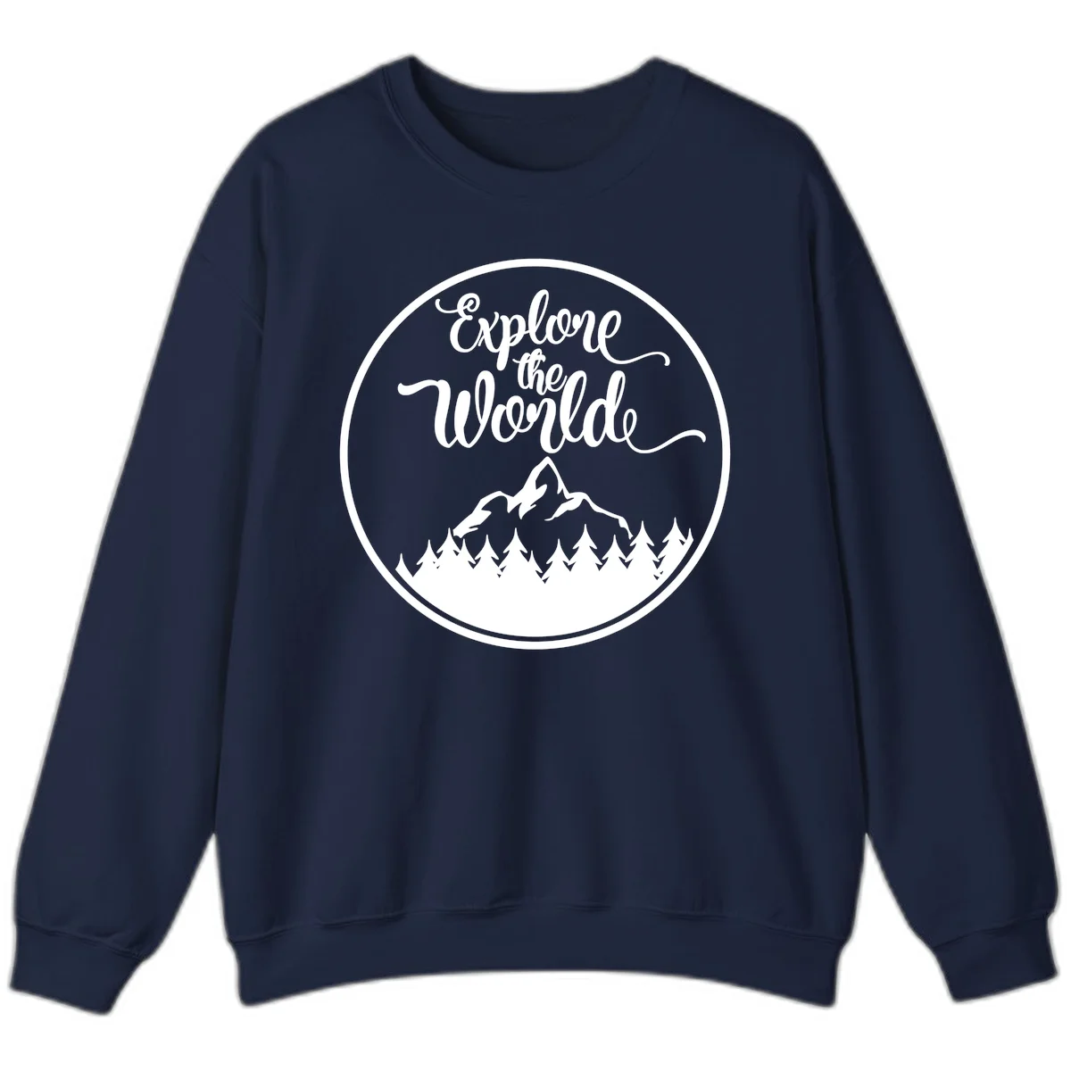 White circular badge with 'Explore the World' cursive text above mountain peak and evergreen forest silhouette on gray background in Navy