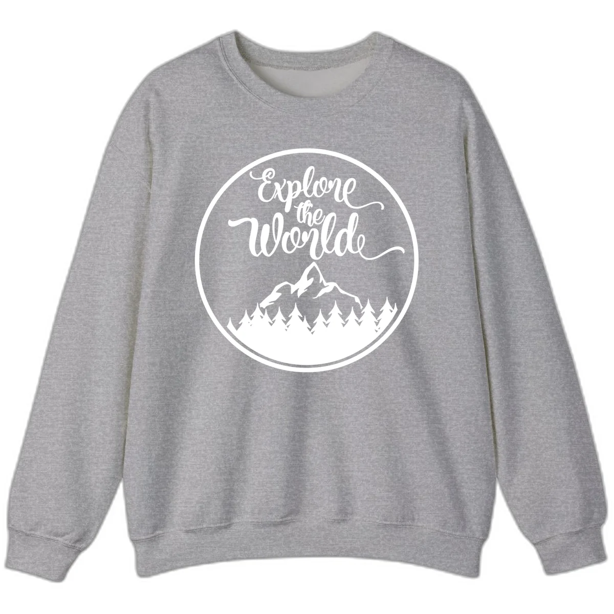 White circular badge with 'Explore the World' cursive text above mountain peak and evergreen forest silhouette on gray background in Sport Grey