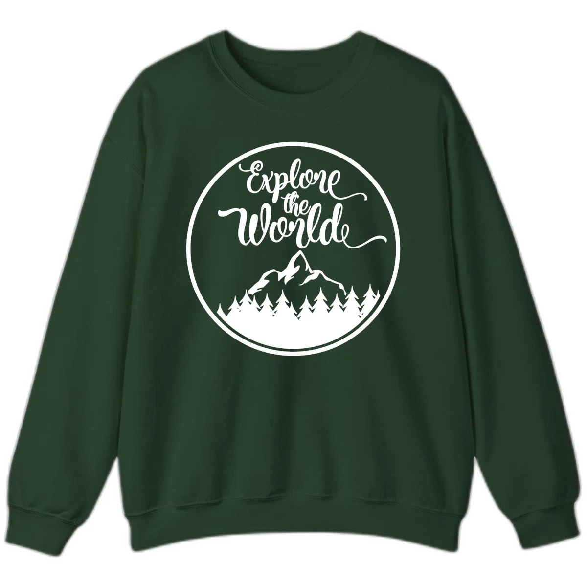 White circular badge with 'Explore the World' cursive text above mountain peak and evergreen forest silhouette on gray background in Forest Green