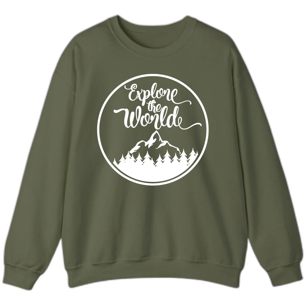 White circular badge with 'Explore the World' cursive text above mountain peak and evergreen forest silhouette on gray background in Military Green
