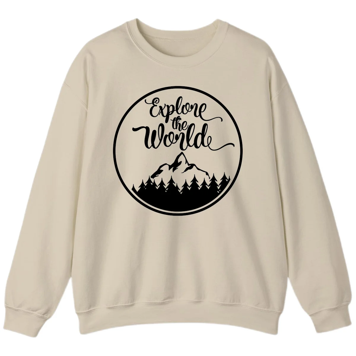 White circular badge with 'Explore the World' cursive text above mountain peak and evergreen forest silhouette on gray background in Sand