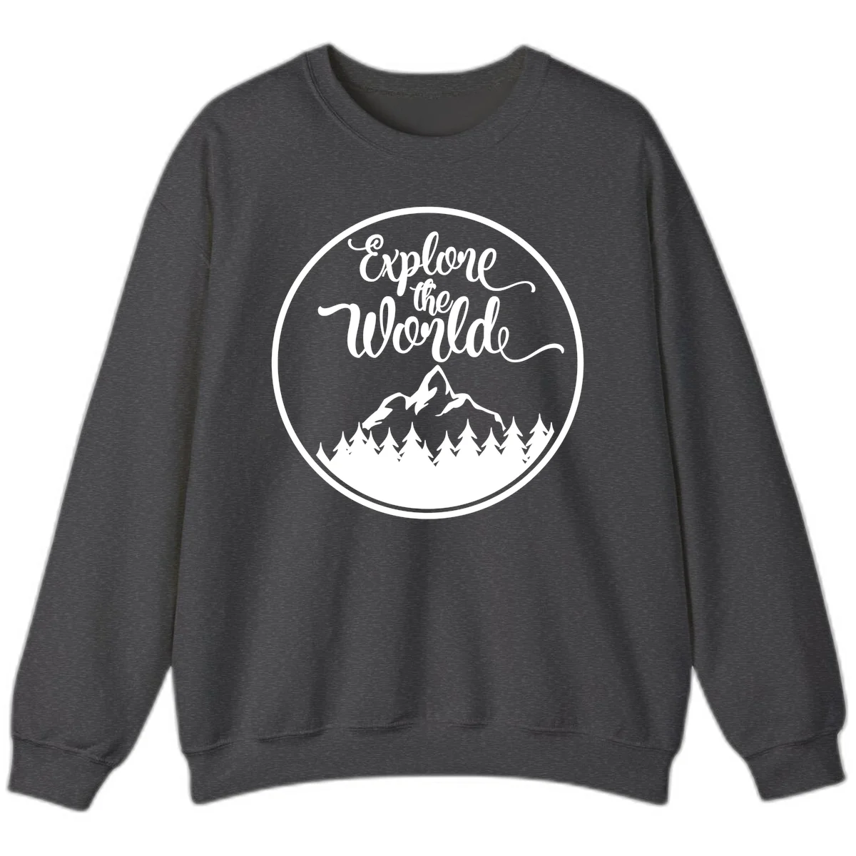 White circular badge with 'Explore the World' cursive text above mountain peak and evergreen forest silhouette on gray background in Dark Heather