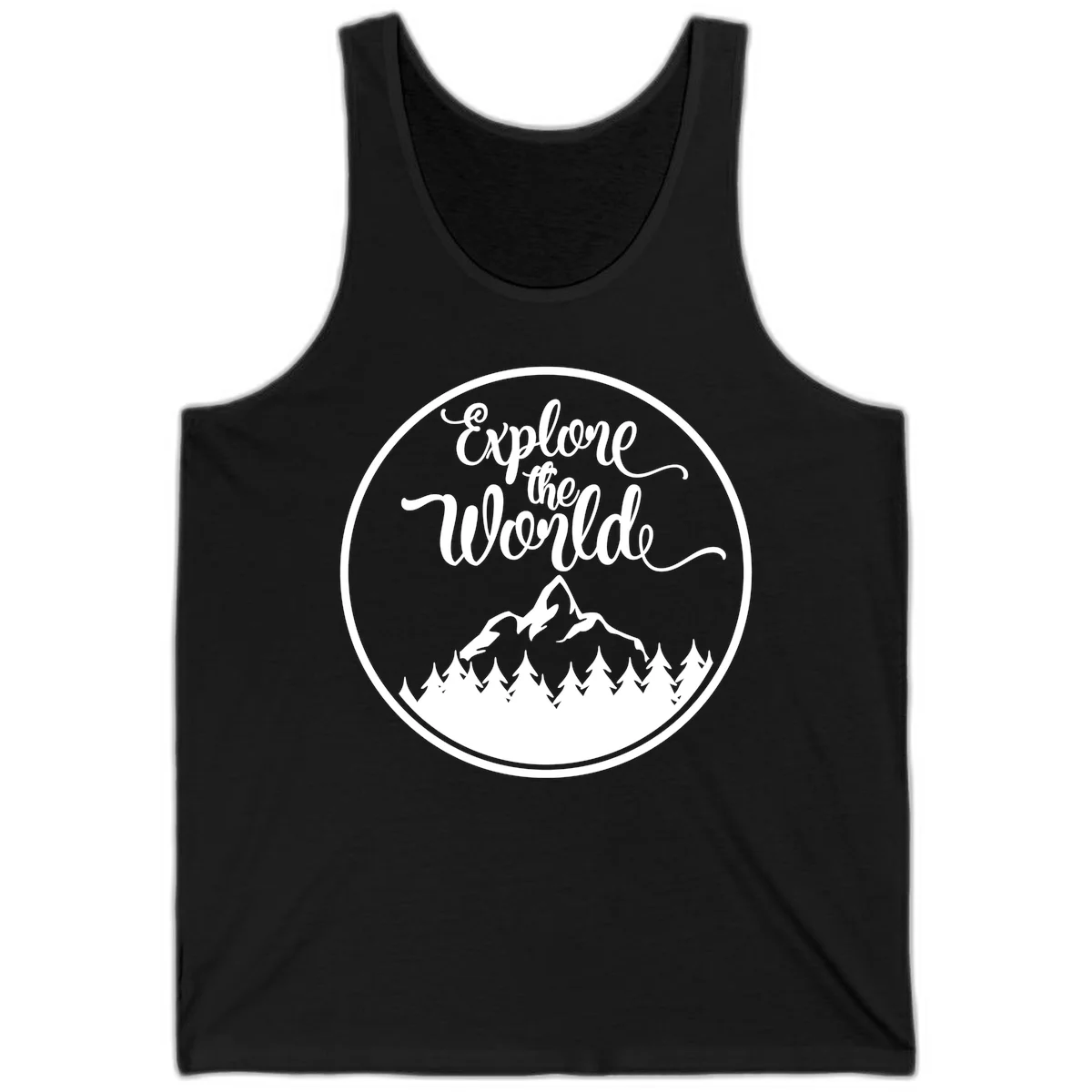 White circular badge with 'Explore the World' cursive text above mountain peak and evergreen forest silhouette on gray background in Black