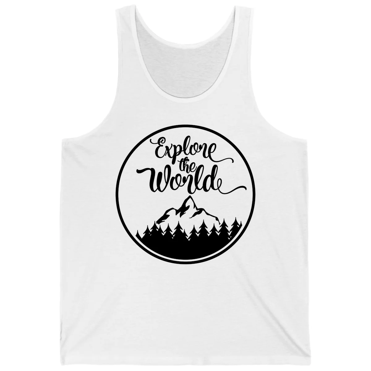 White circular badge with 'Explore the World' cursive text above mountain peak and evergreen forest silhouette on gray background in White