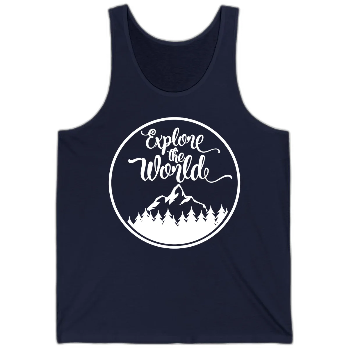 White circular badge with 'Explore the World' cursive text above mountain peak and evergreen forest silhouette on gray background in Navy
