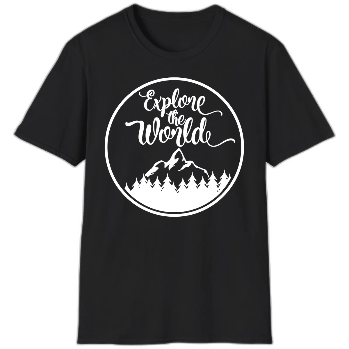 White circular badge with 'Explore the World' cursive text above mountain peak and evergreen forest silhouette on gray background in Black