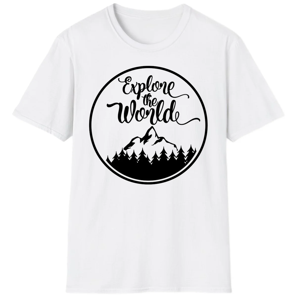 White circular badge with 'Explore the World' cursive text above mountain peak and evergreen forest silhouette on gray background in White
