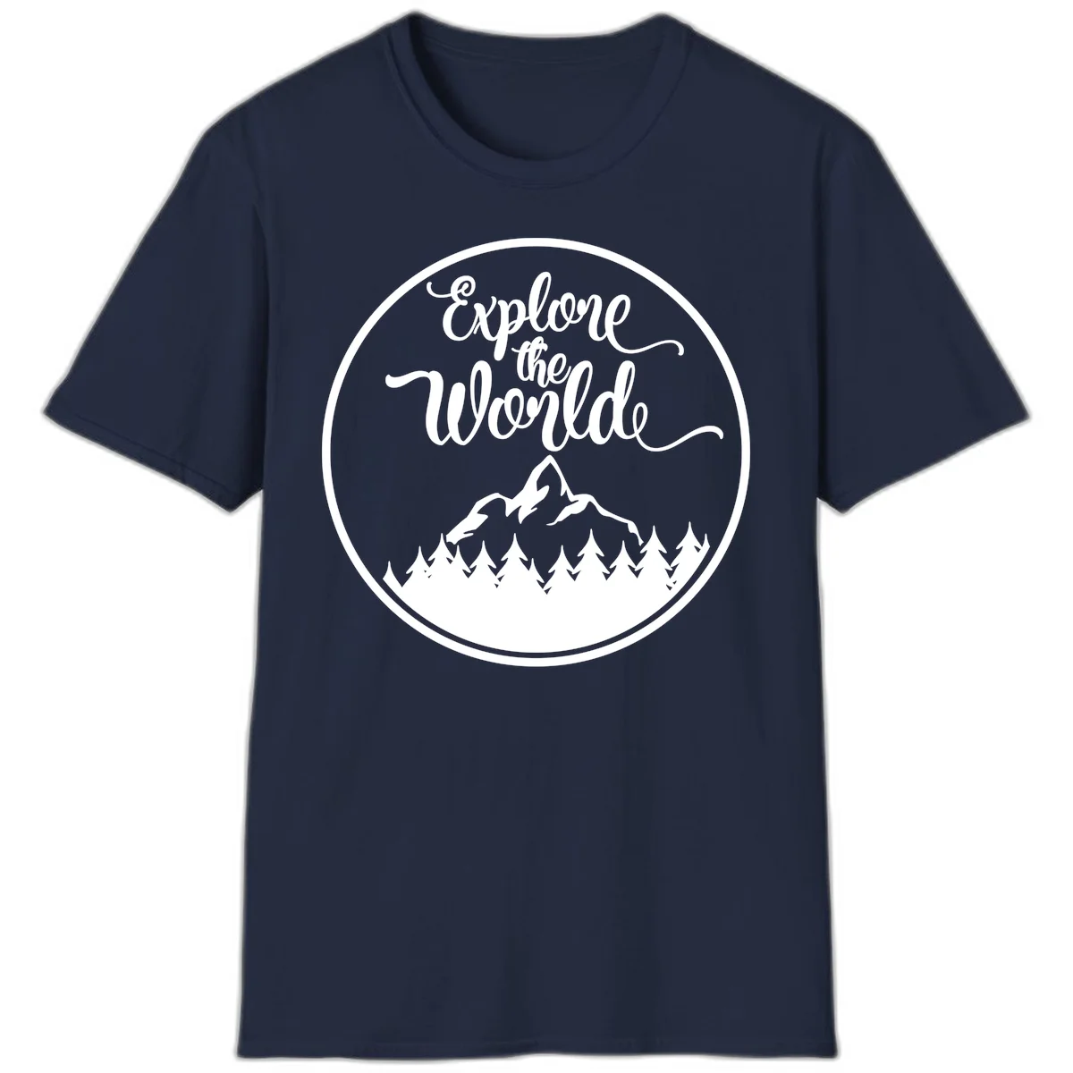 White circular badge with 'Explore the World' cursive text above mountain peak and evergreen forest silhouette on gray background in Navy