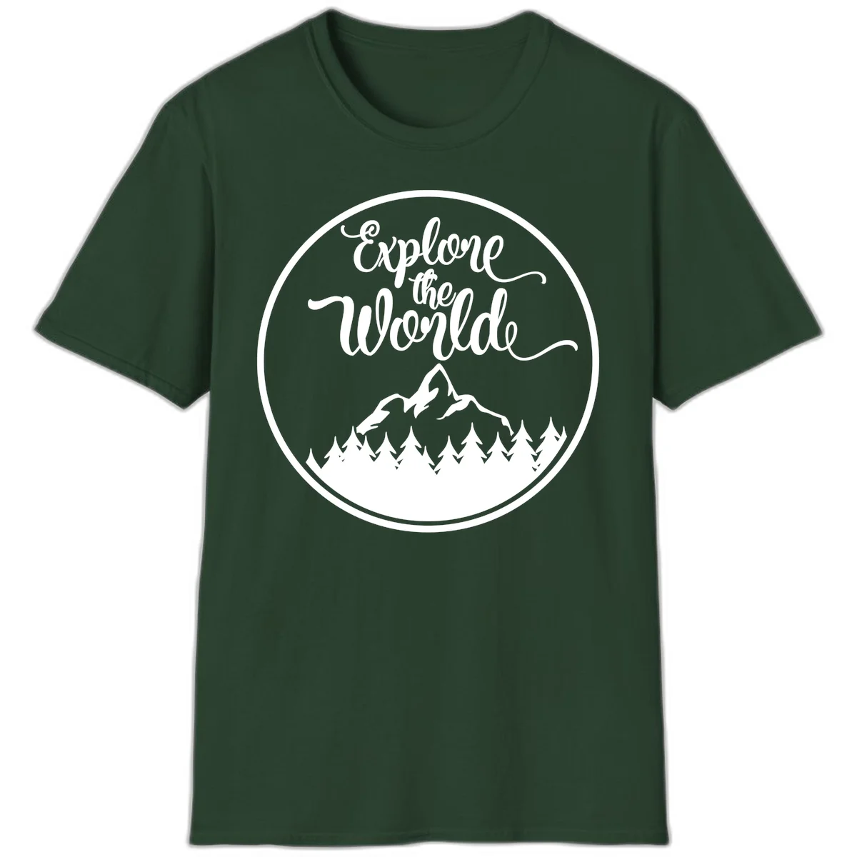 White circular badge with 'Explore the World' cursive text above mountain peak and evergreen forest silhouette on gray background in Forest Green