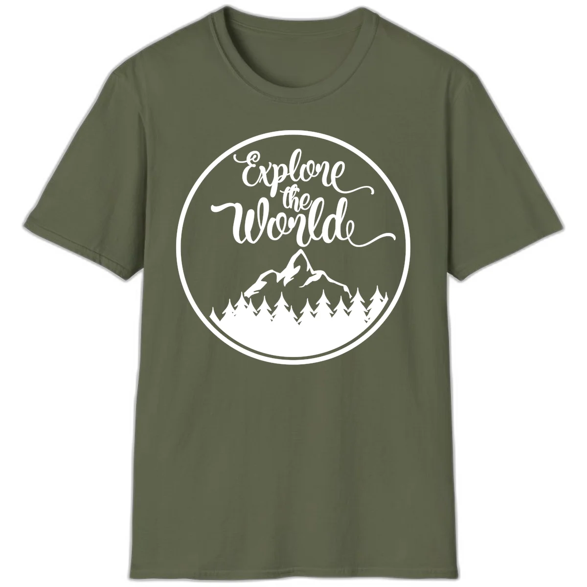 White circular badge with 'Explore the World' cursive text above mountain peak and evergreen forest silhouette on gray background in Military Green