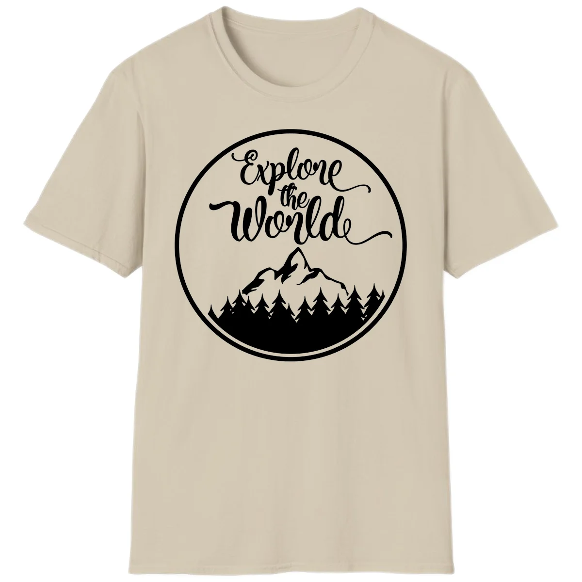 White circular badge with 'Explore the World' cursive text above mountain peak and evergreen forest silhouette on gray background in Sand