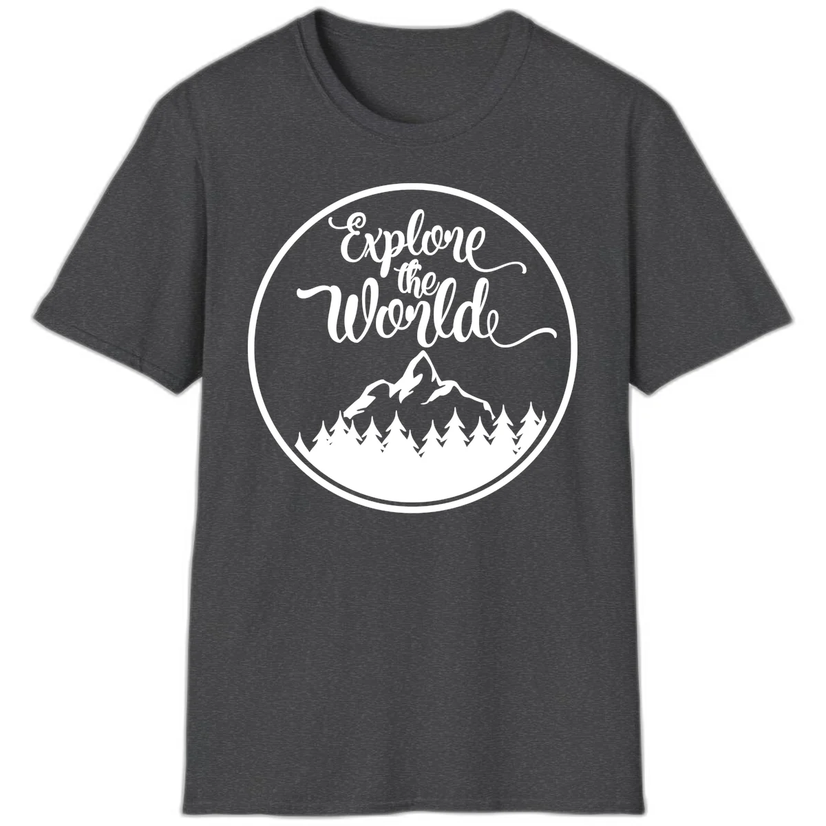 White circular badge with 'Explore the World' cursive text above mountain peak and evergreen forest silhouette on gray background in Dark Heather