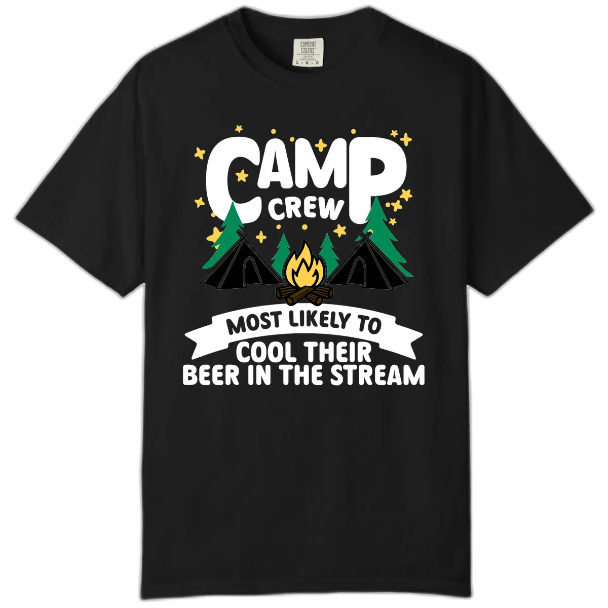 Camp crew most likely to cool beer in stream design with tents, campfire, trees and stars in Black