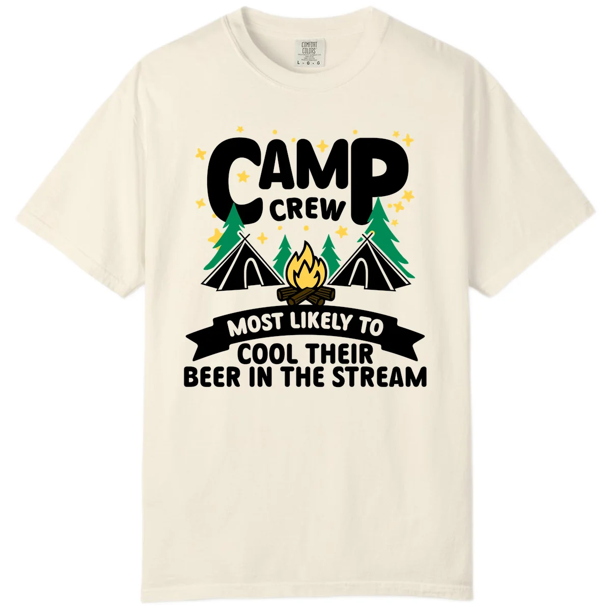 Camp crew most likely to cool beer in stream design with tents, campfire, trees and stars in Ivory