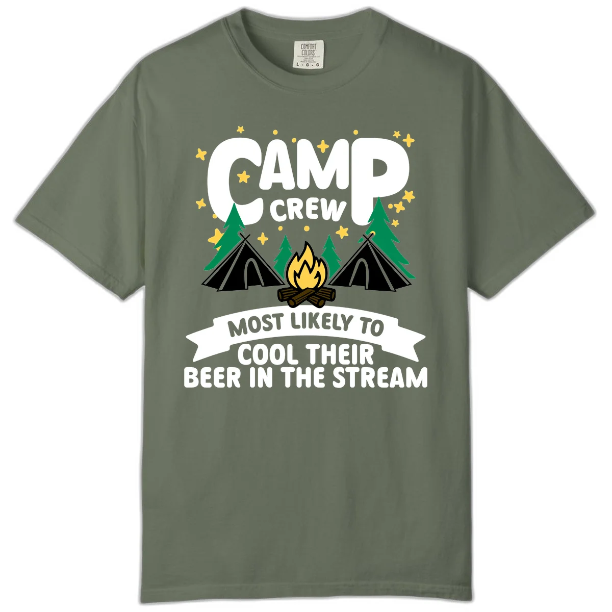 Camp crew most likely to cool beer in stream design with tents, campfire, trees and stars in Moss