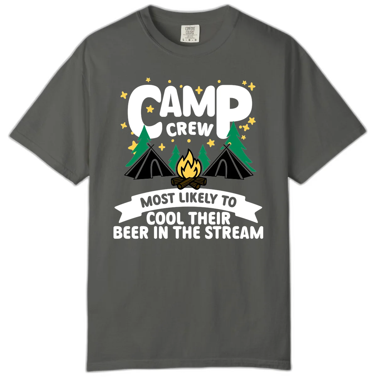 Camp crew most likely to cool beer in stream design with tents, campfire, trees and stars in Pepper