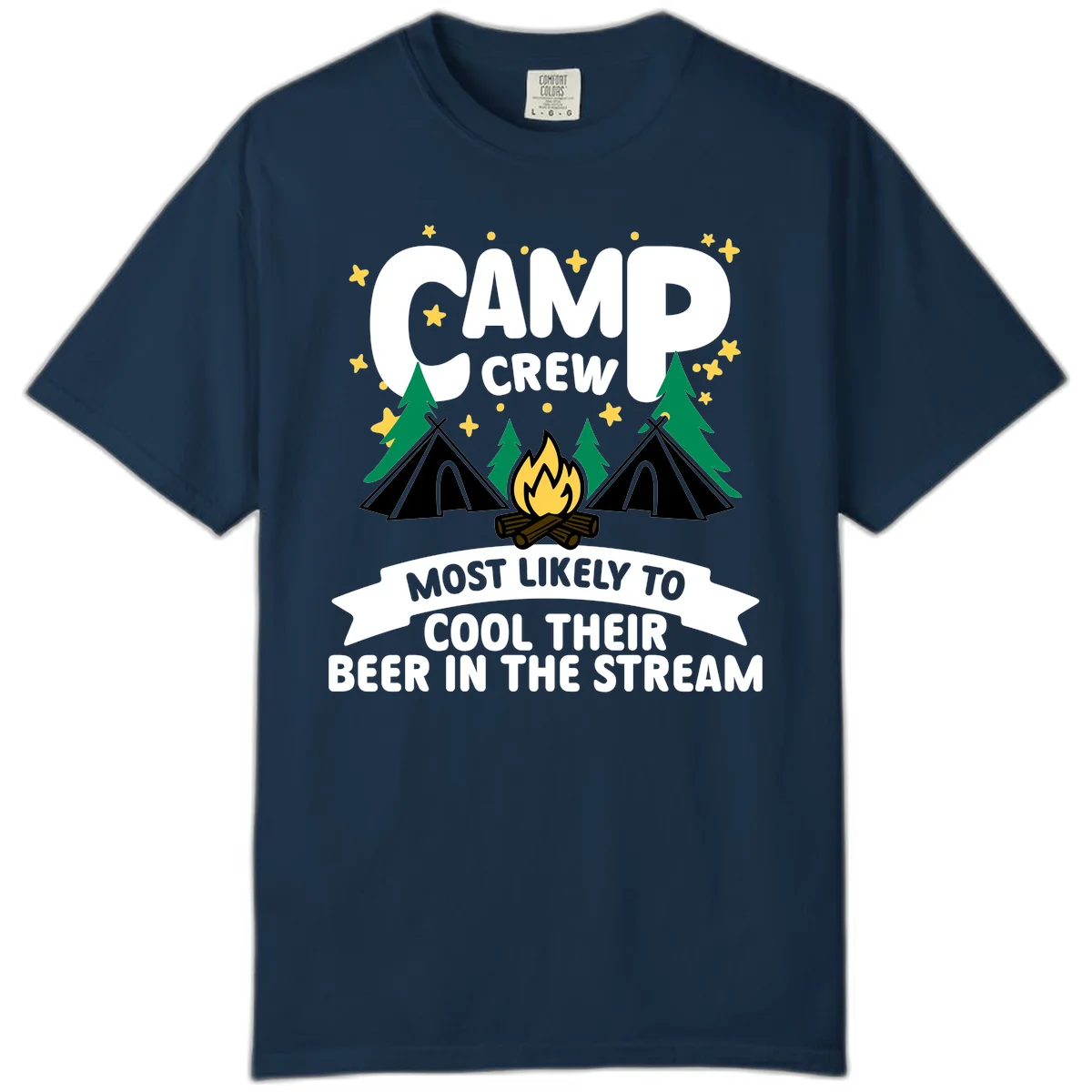 Camp crew most likely to cool beer in stream design with tents, campfire, trees and stars in True Navy