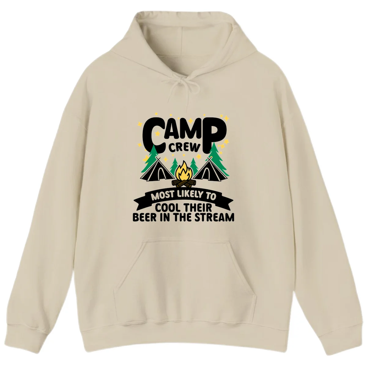 Camp crew most likely to cool beer in stream design with tents, campfire, trees and stars in Sand
