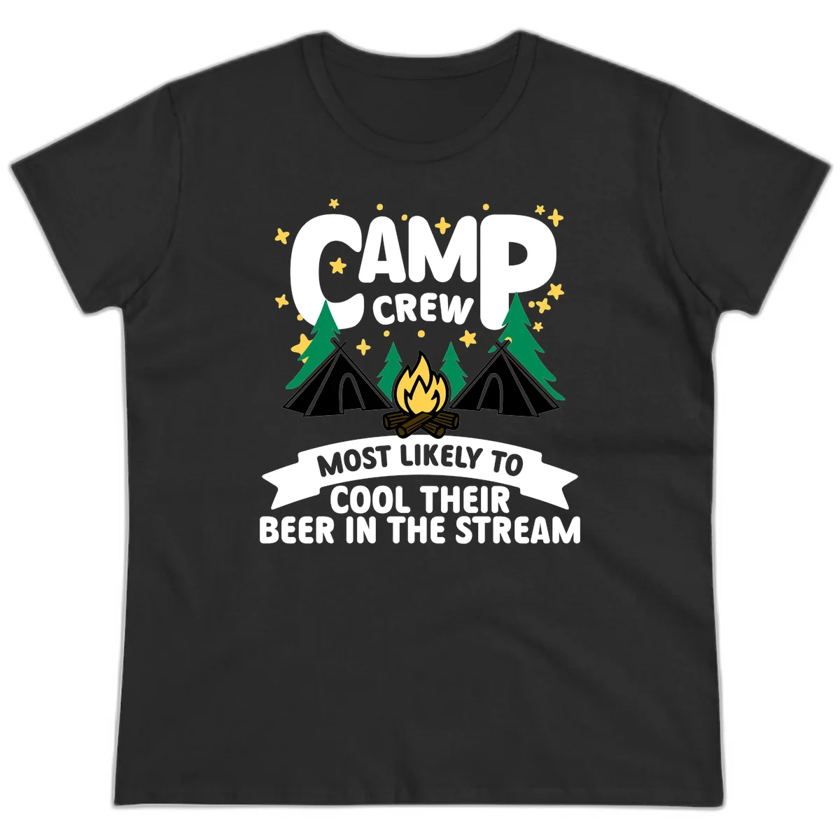 Camp crew most likely to cool beer in stream design with tents, campfire, trees and stars in Black
