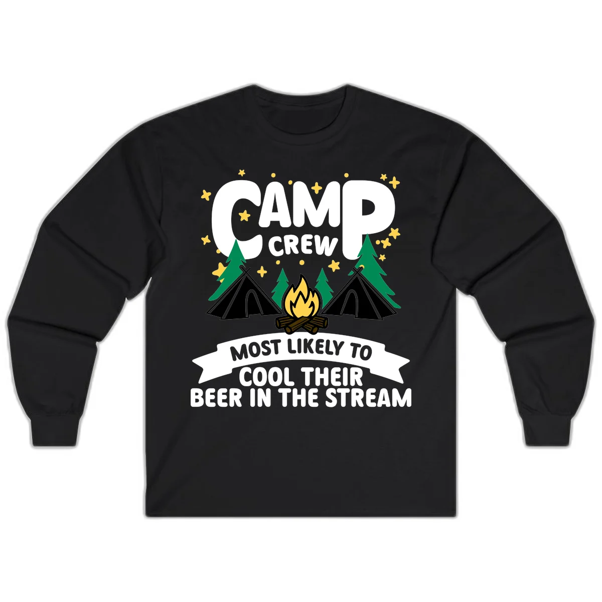 Camp crew most likely to cool beer in stream design with tents, campfire, trees and stars in Black