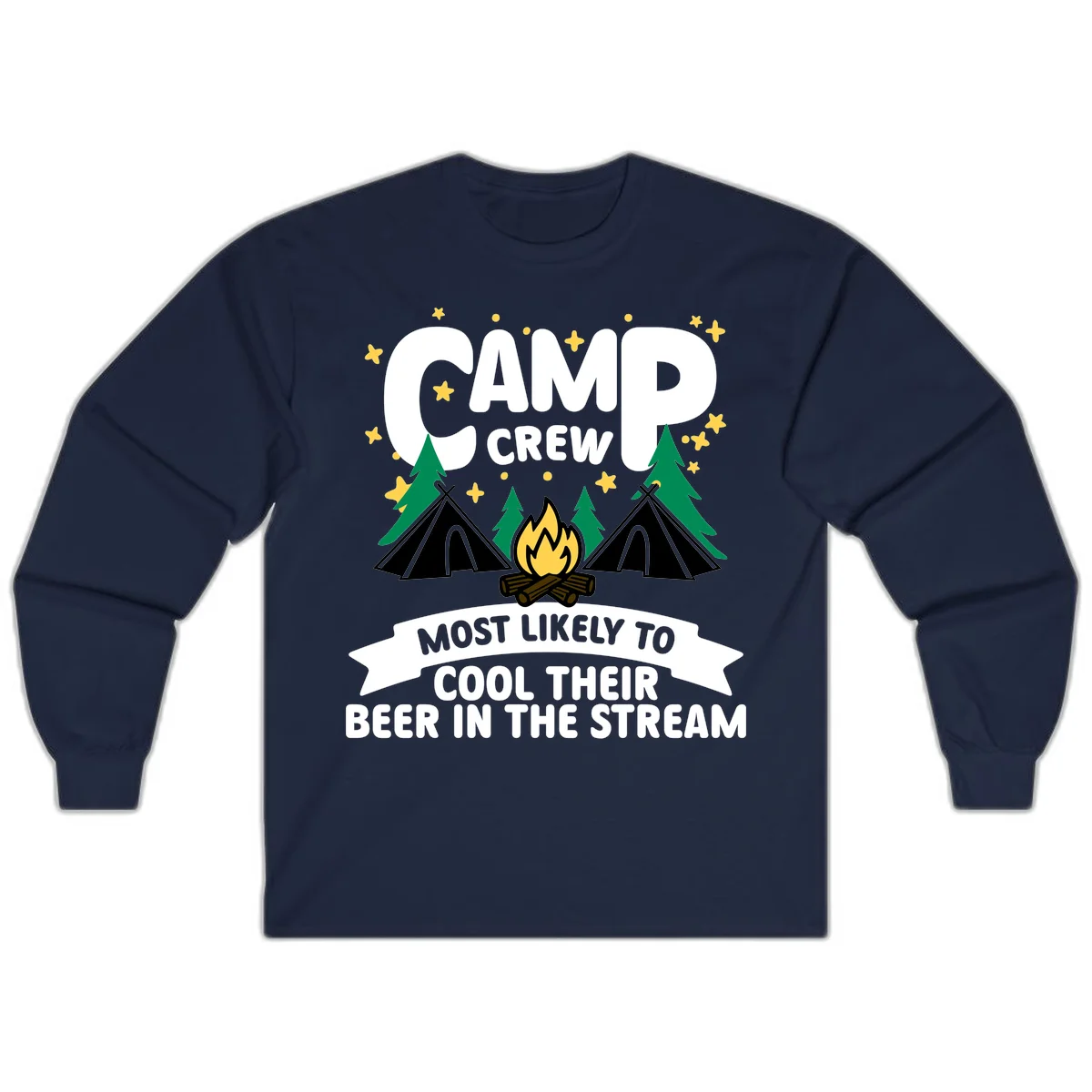 Camp crew most likely to cool beer in stream design with tents, campfire, trees and stars in Navy