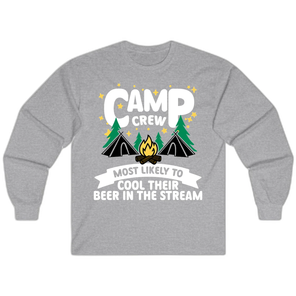 Camp crew most likely to cool beer in stream design with tents, campfire, trees and stars in Sport Grey