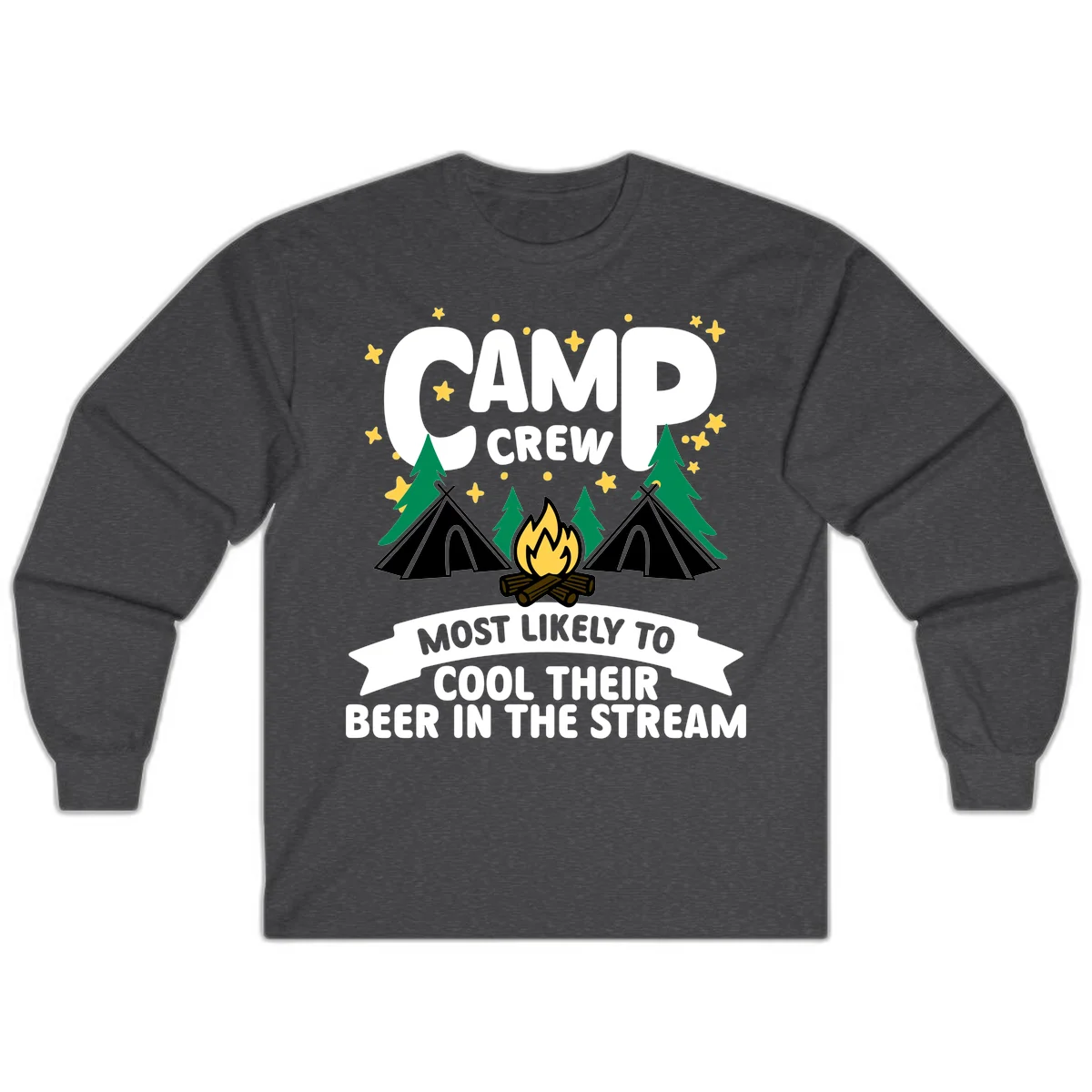Camp crew most likely to cool beer in stream design with tents, campfire, trees and stars in Dark Heather