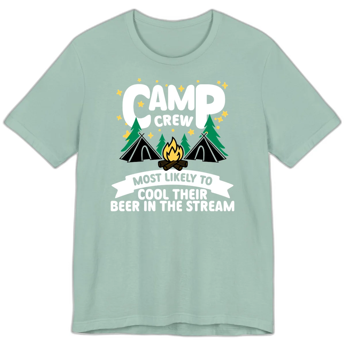 Camp crew most likely to cool beer in stream design with tents, campfire, trees and stars in Dusty Blue