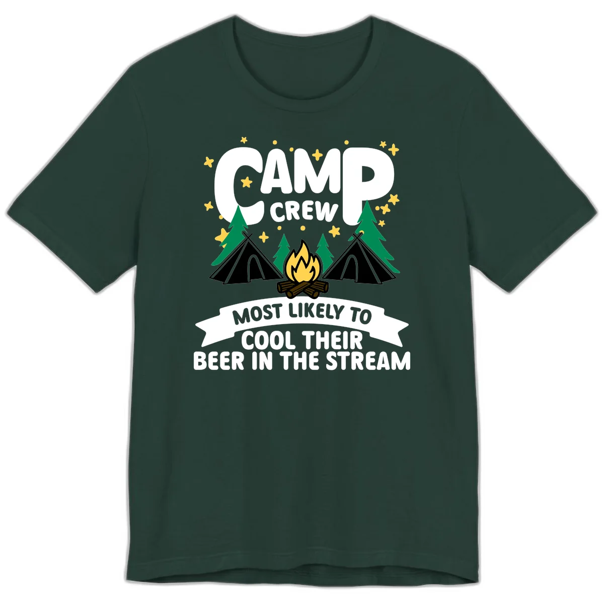 Camp crew most likely to cool beer in stream design with tents, campfire, trees and stars in Forest