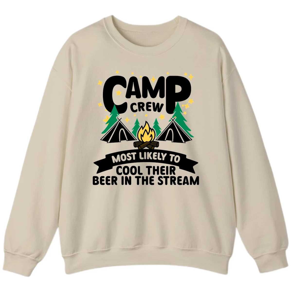 Camp crew most likely to cool beer in stream design with tents, campfire, trees and stars in Sand
