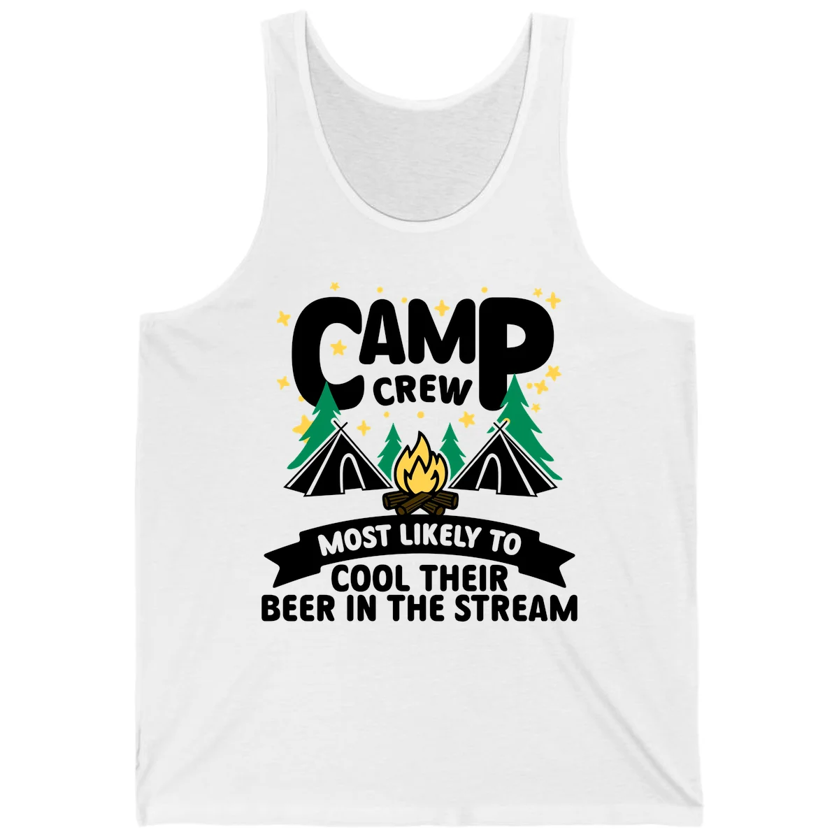 Camp crew most likely to cool beer in stream design with tents, campfire, trees and stars in White