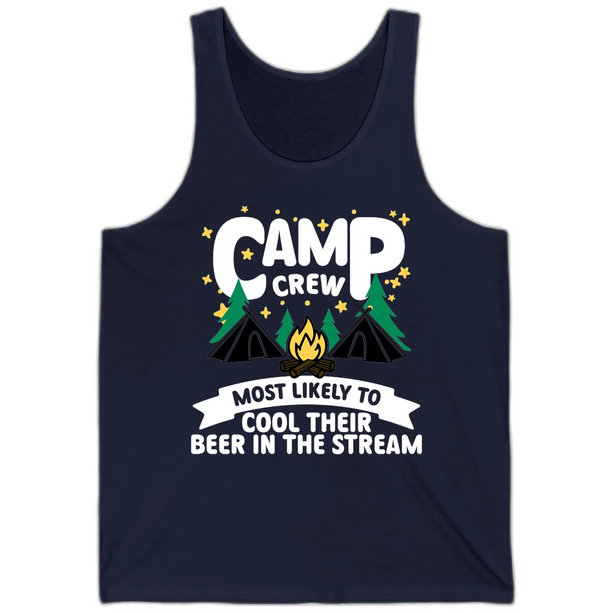 Camp crew most likely to cool beer in stream design with tents, campfire, trees and stars in Navy