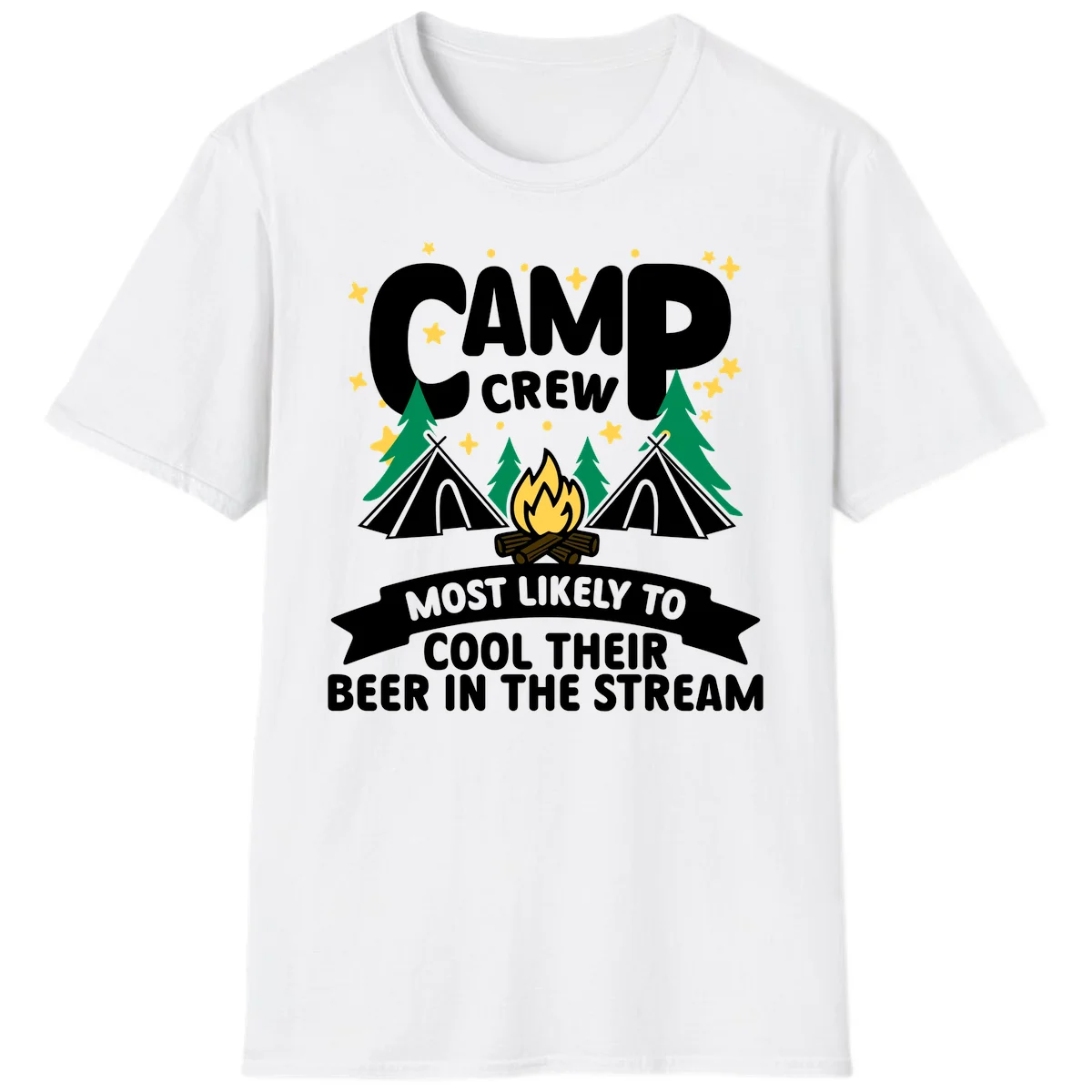 Camp crew most likely to cool beer in stream design with tents, campfire, trees and stars in White