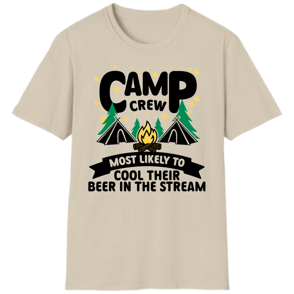 Camp crew most likely to cool beer in stream design with tents, campfire, trees and stars in Sand