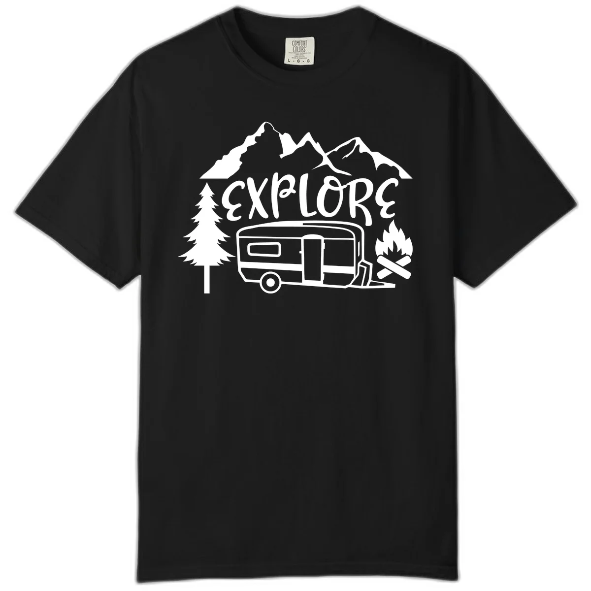 White line art design showing mountains, pine trees, travel trailer, and campfire with EXPLORE text on gray background in Black