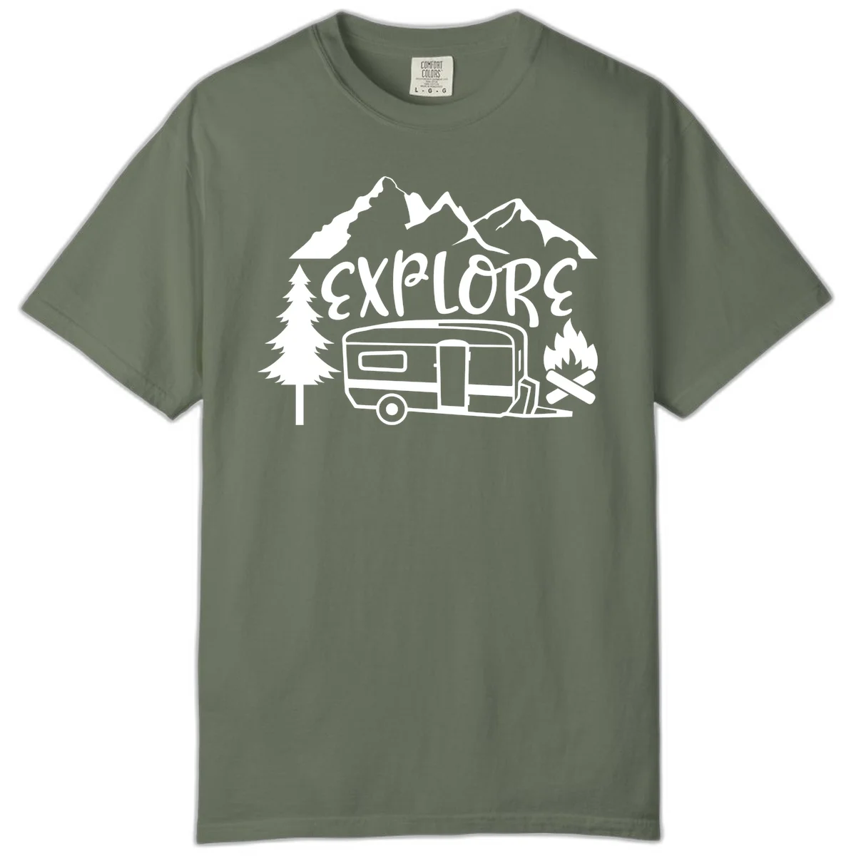 White line art design showing mountains, pine trees, travel trailer, and campfire with EXPLORE text on gray background in Moss