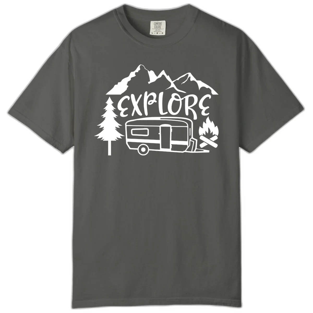 White line art design showing mountains, pine trees, travel trailer, and campfire with EXPLORE text on gray background in Pepper