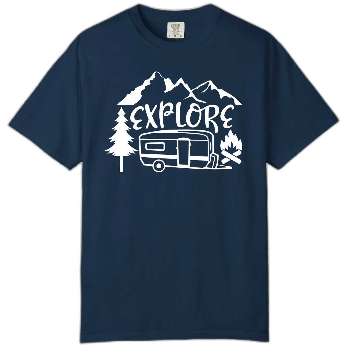 White line art design showing mountains, pine trees, travel trailer, and campfire with EXPLORE text on gray background in True Navy