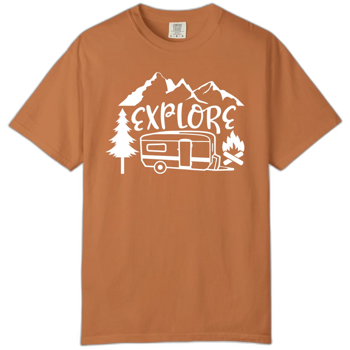 White line art design showing mountains, pine trees, travel trailer, and campfire with EXPLORE text on gray background in Yam