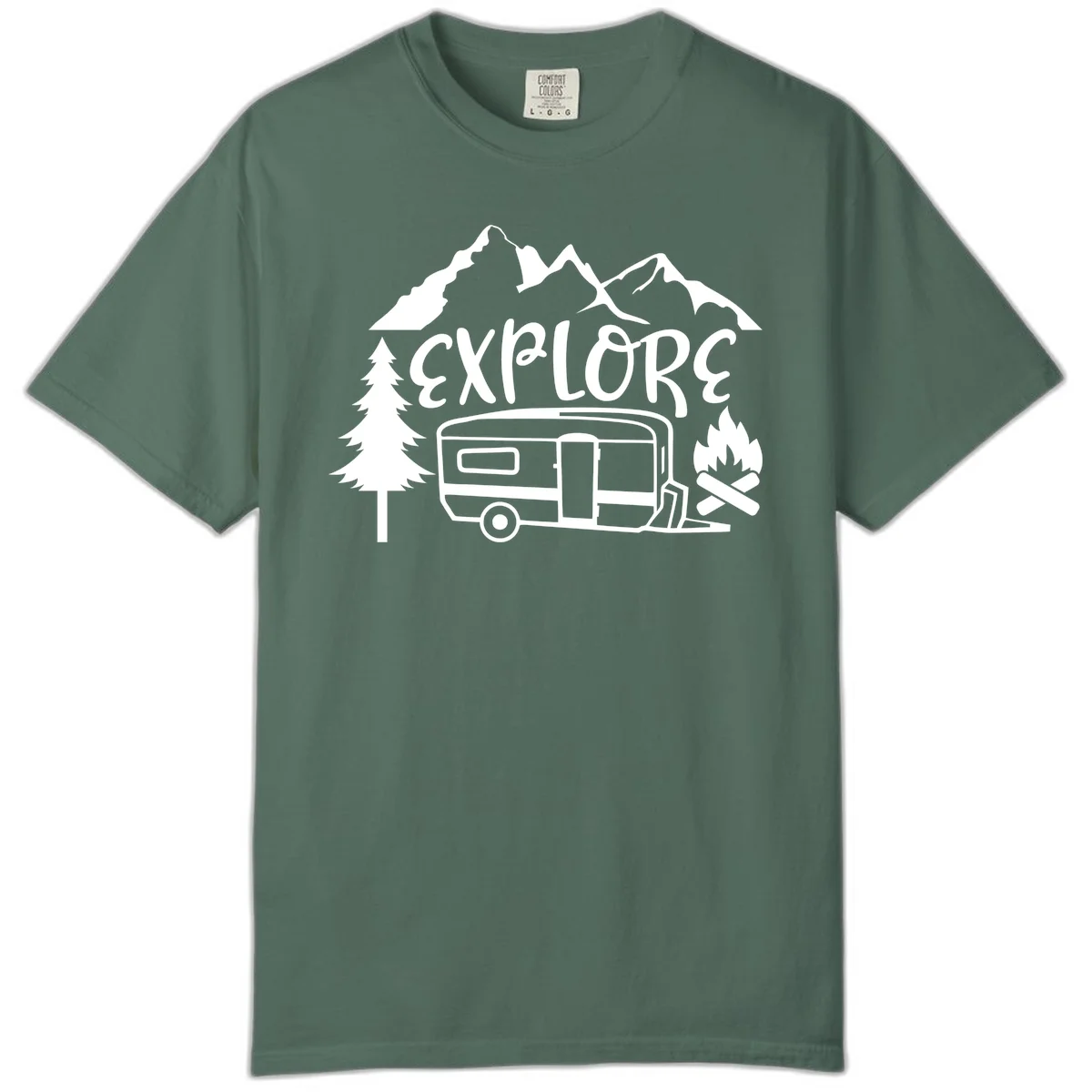 White line art design showing mountains, pine trees, travel trailer, and campfire with EXPLORE text on gray background in Blue Spruce