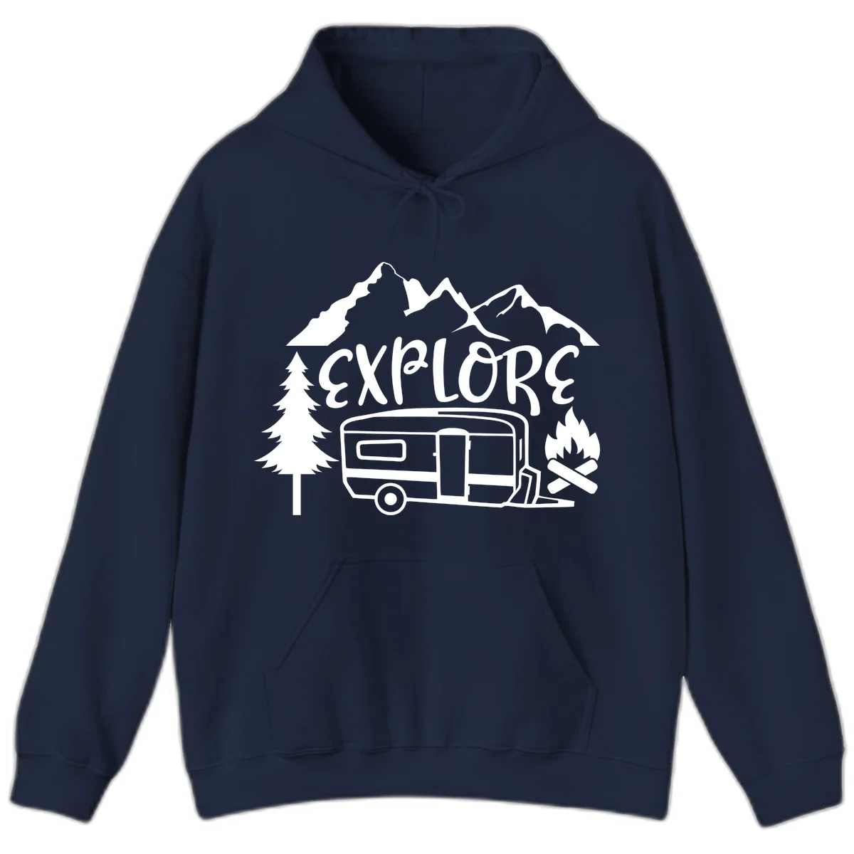 White line art design showing mountains, pine trees, travel trailer, and campfire with EXPLORE text on gray background in Navy