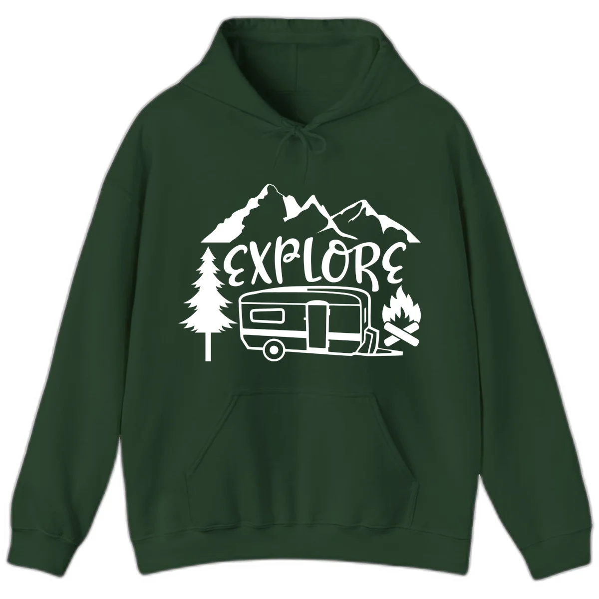 White line art design showing mountains, pine trees, travel trailer, and campfire with EXPLORE text on gray background in Forest Green