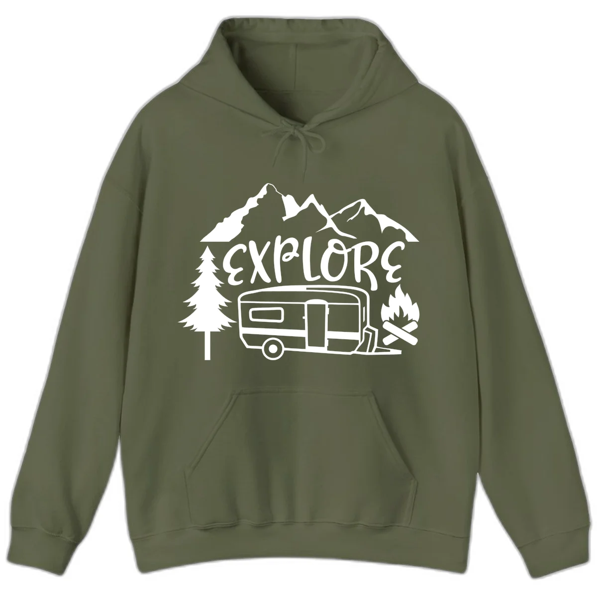 White line art design showing mountains, pine trees, travel trailer, and campfire with EXPLORE text on gray background in Military Green