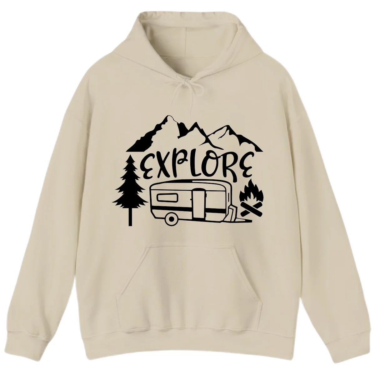 White line art design showing mountains, pine trees, travel trailer, and campfire with EXPLORE text on gray background in Sand