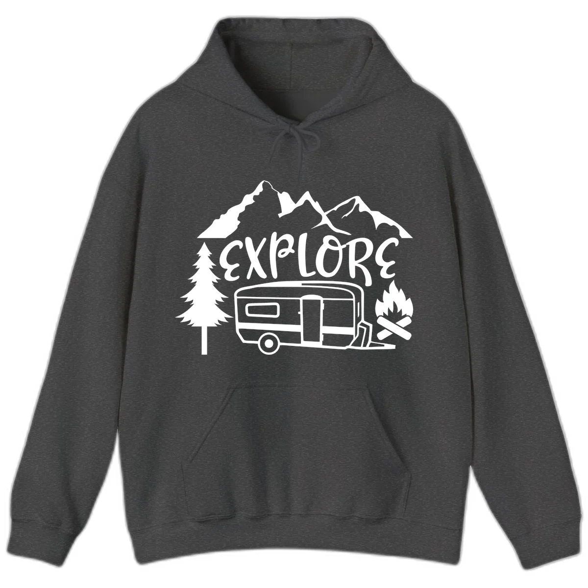 White line art design showing mountains, pine trees, travel trailer, and campfire with EXPLORE text on gray background in Dark Heather