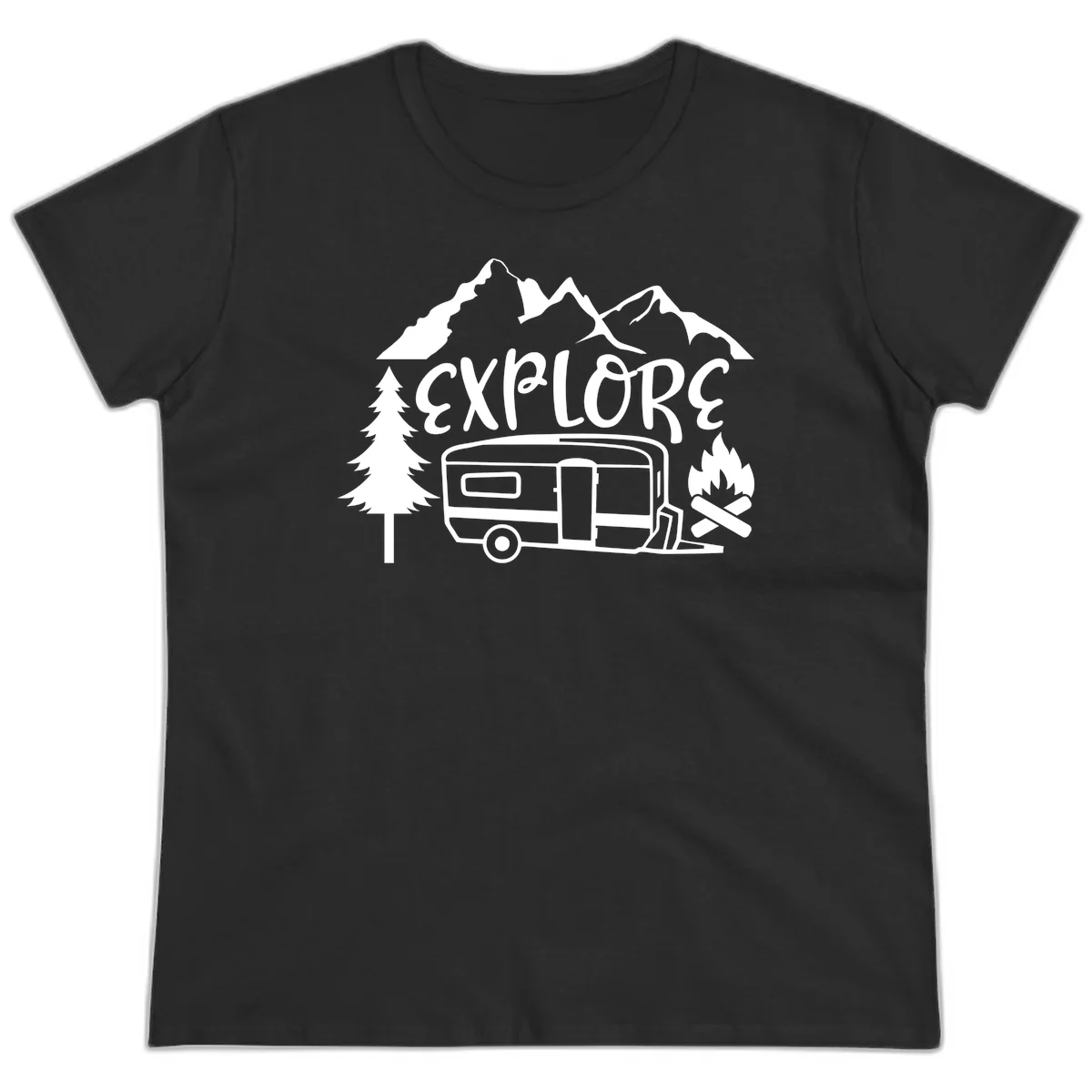 White line art design showing mountains, pine trees, travel trailer, and campfire with EXPLORE text on gray background in Black