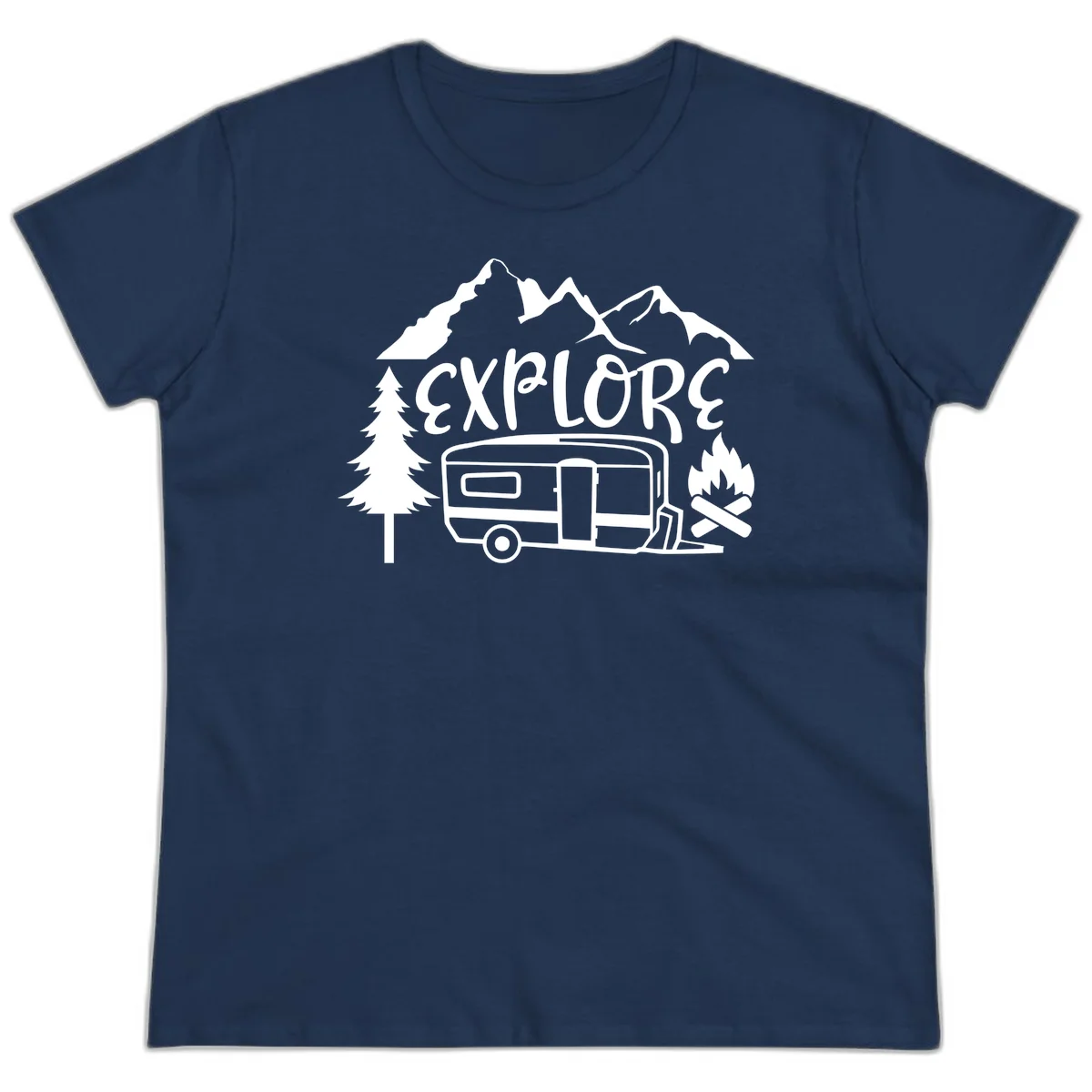 White line art design showing mountains, pine trees, travel trailer, and campfire with EXPLORE text on gray background in Navy