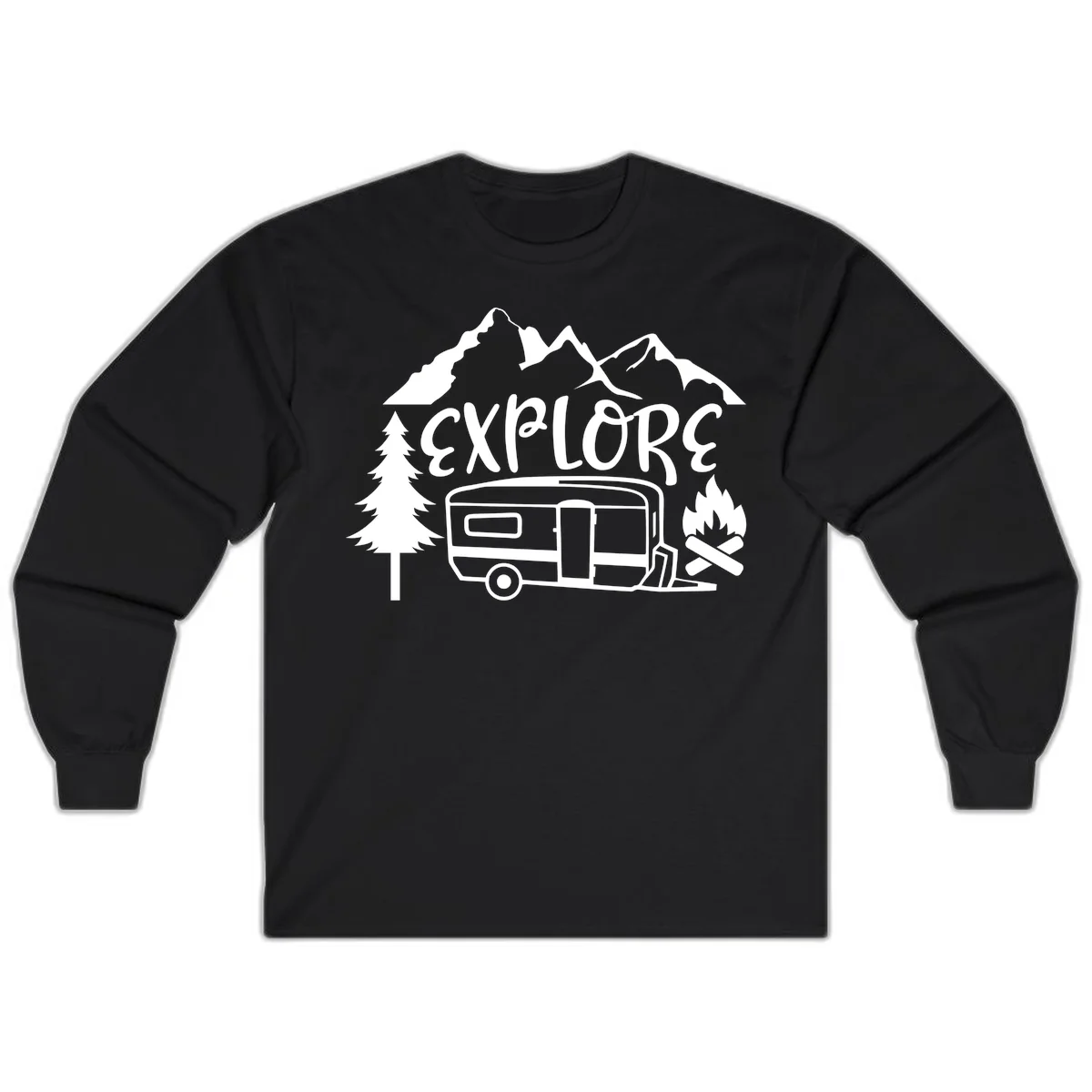 White line art design showing mountains, pine trees, travel trailer, and campfire with EXPLORE text on gray background in Black
